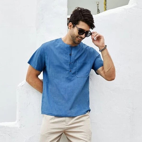 

Men Half Button Pocket Patched Shirt, Navy blue