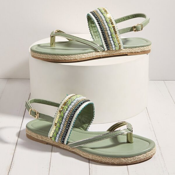 

Braided Detail Sequins Decor Slingback Thong Sandals, Green
