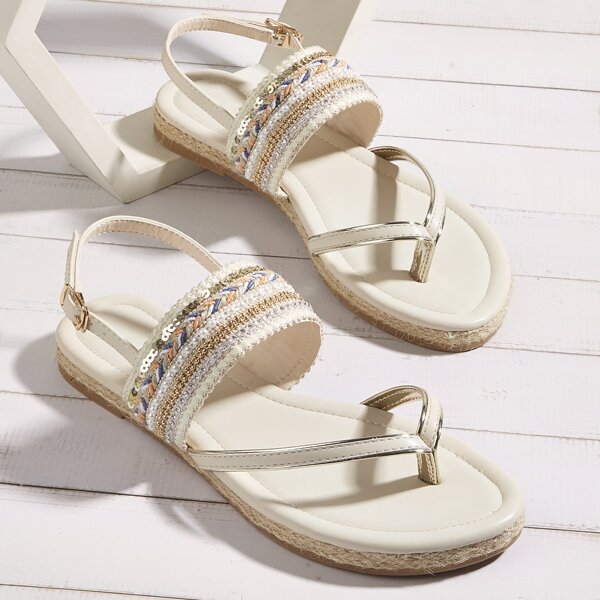 

Braided Detail Sequins Decor Slingback Thong Sandals, Beige