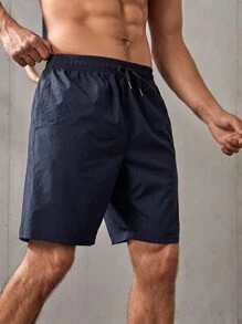 Boyfriend Style Men Slant Pocket Sports Shorts - Navy Blue - View 4