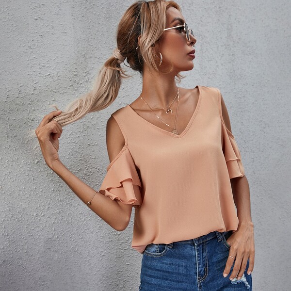 

V-neck Cold Shoulder Flounce Sleeve Blouse, Apricot