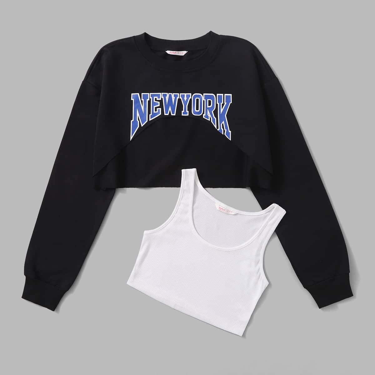 

Letter Print Crop Sweatshirt & Tank Top, Black and white