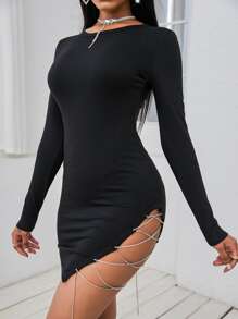 SHEIN Slayr Đầm Pha lê kim cương Chia màu trơn Gợi cảm - màu đen - Xem 4