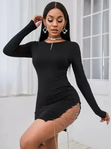 SHEIN Slayr Đầm Pha lê kim cương Chia màu trơn Gợi cảm - màu đen - Xem 6