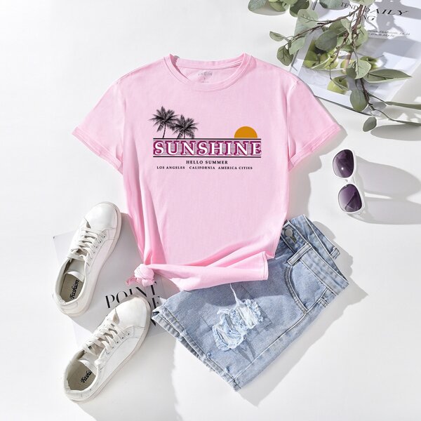 

Tropical & Slogan Graphic Tee, Baby pink