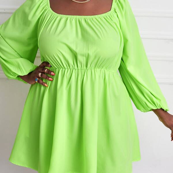 

Plus Scoop Neck Bishop Sleeve Dress, Lime green
