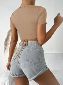 SHEIN Unity Áo thun Hội Chữ thập Buộc lại Gân đan màu trơn Giải trí - Màu Khaki - Xem 2