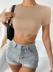 SHEIN Unity Áo thun Hội Chữ thập Buộc lại Gân đan màu trơn Giải trí - Màu Khaki - Xem 4