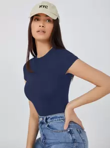 SHEIN BASICS Solid Slim Tee Bodysuit/Summer - Navy Blue - View 5