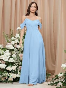 SHEIN Vestido de fiesta con fruncido de hombros descubiertos - Celeste - Ver 1