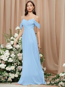 SHEIN Vestido de fiesta con fruncido de hombros descubiertos - Celeste - Ver 4