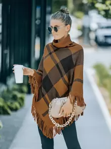 Plaid Pattern Fringe Hem Cape Sweater - Multicolor - View 1
