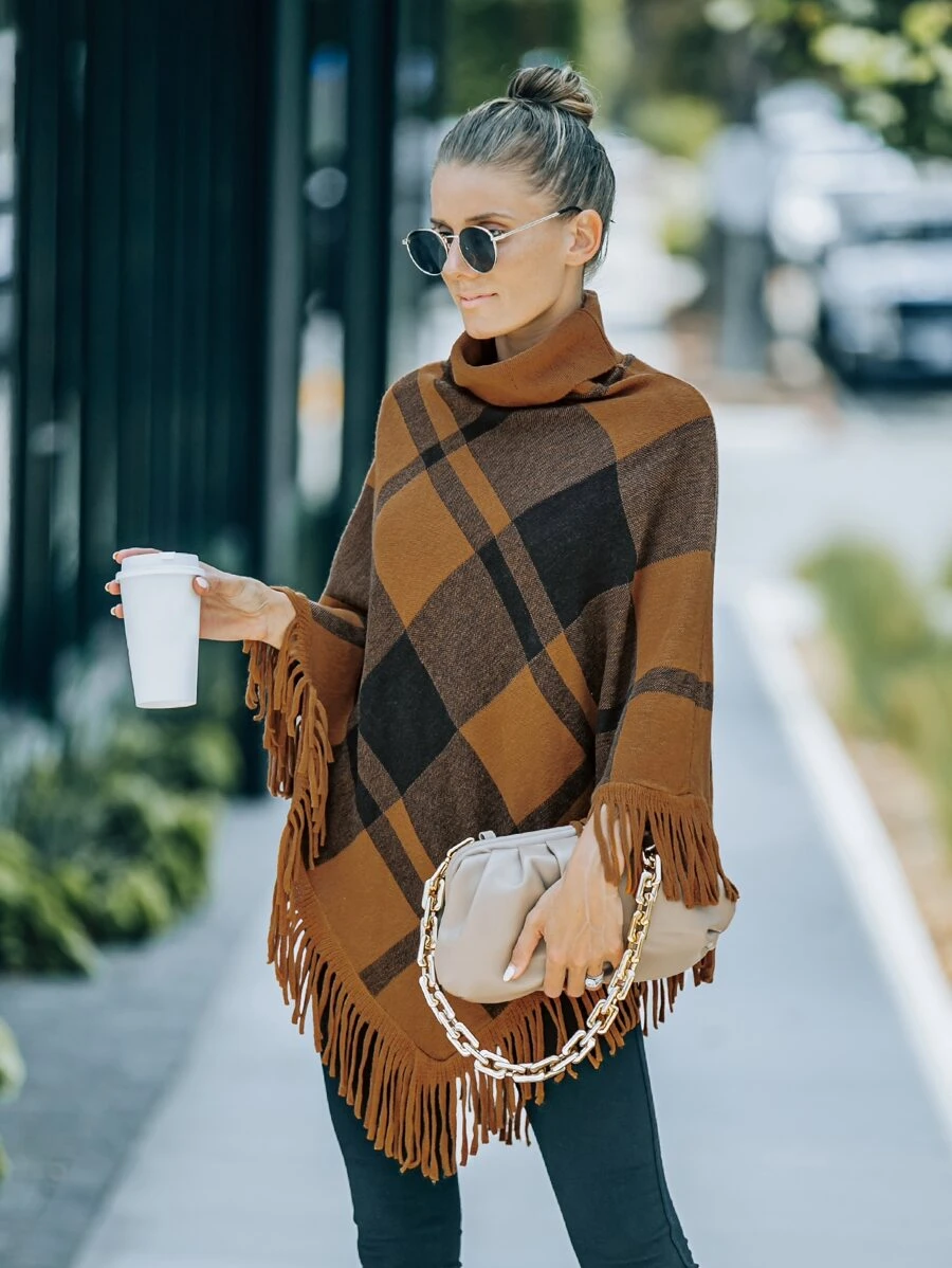 Plaid Pattern Fringe Hem Cape Sweater - Multicolor - View 1
