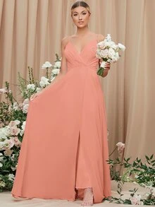 前圍裹素色超長吊帶裙伴娘禮服 - 珊瑚橙 - 查看 3