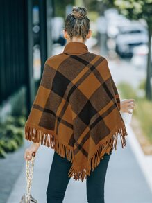 Plaid Pattern Fringe Hem Cape Sweater - Multicolor - View 2