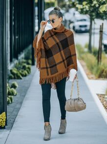 Plaid Pattern Fringe Hem Cape Sweater - Multicolor - View 3