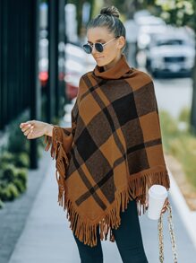 Plaid Pattern Fringe Hem Cape Sweater - Multicolor - View 4