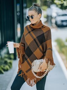 Plaid Pattern Fringe Hem Cape Sweater - Multicolor - View 5
