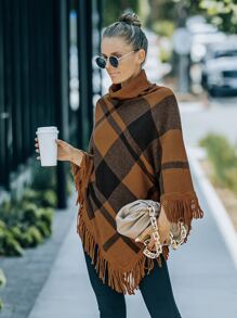 Plaid Pattern Fringe Hem Cape Sweater - Multicolor - View 6