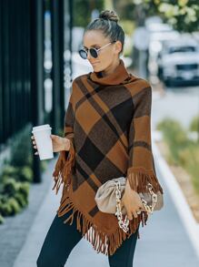 Plaid Pattern Fringe Hem Cape Sweater - Multicolor - View 7