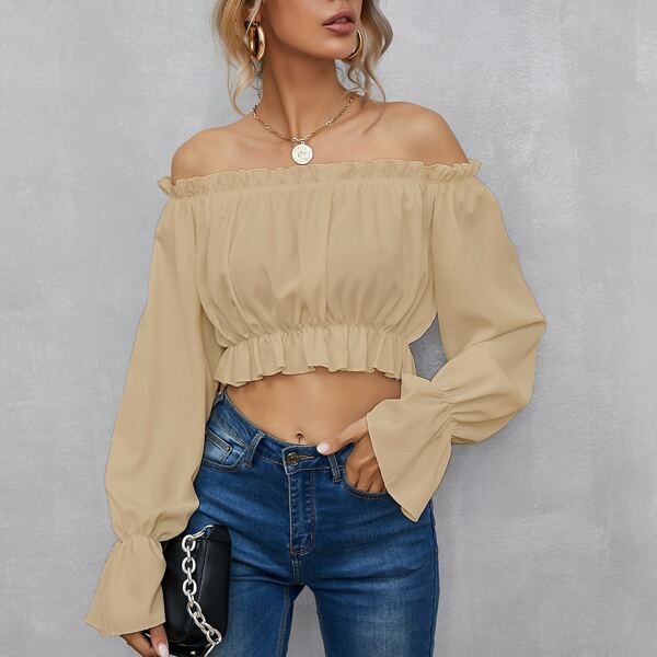 

Flounce Sleeve Crop Bardot Top, Apricot