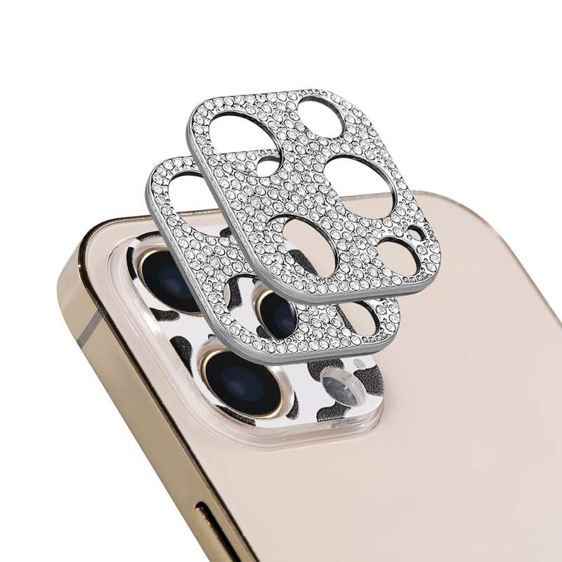 

1pc Cow Pattern & 2pcs Rhinestone Decor Camera Lens Tempered Film, Silver