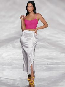 SHEIN Unity Áo hai dây Xù màu trơn Giải trí - Màu Hồng Tươi - Xem 1