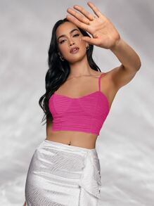 SHEIN Unity Áo hai dây Xù màu trơn Giải trí - Màu Hồng Tươi - Xem 4