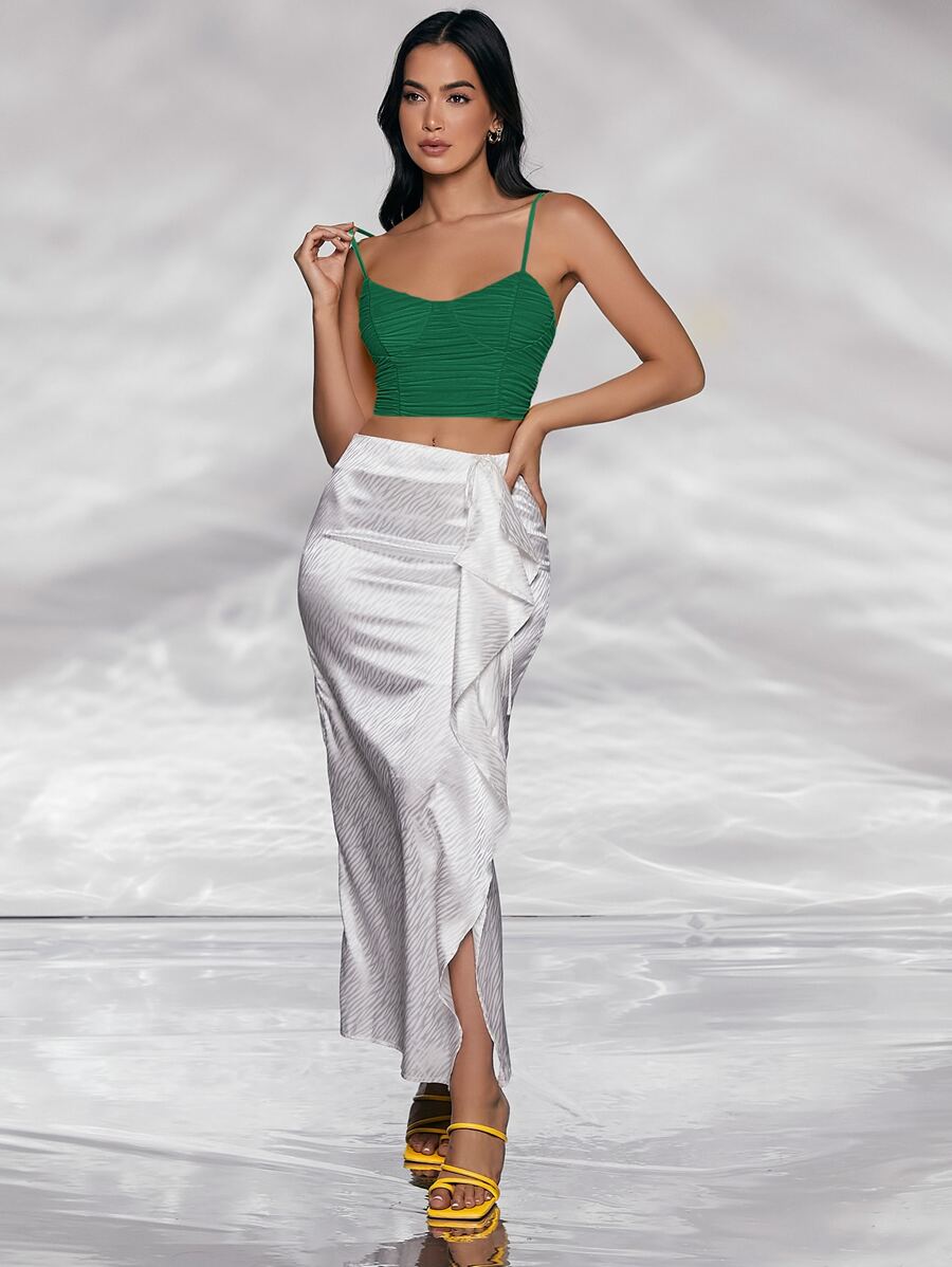 SHEIN 素色褶邊吊帶上衣 - 綠色 - 查看 1