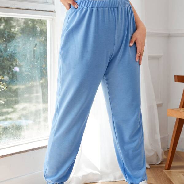 

Plus Solid Elastic Waist Sweatpants, Baby blue