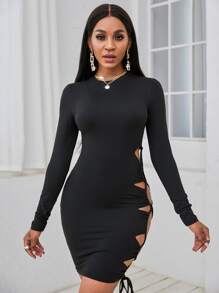 SHEIN Slayr Đầm Cắt ra Thắt nút màu trơn Gợi cảm - màu đen - Xem 3