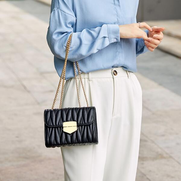 

Minimalist Quilted Flap Square Bag, Black