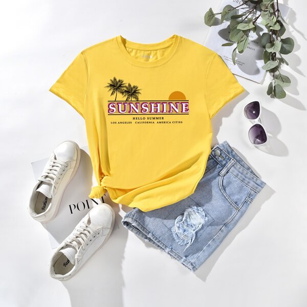 

Tropical & Slogan Graphic Tee, Yellow