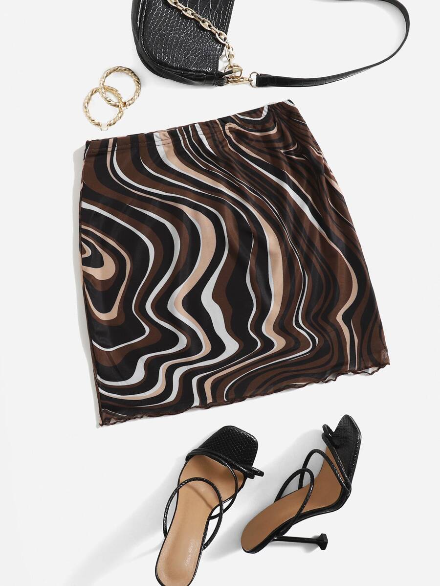 SHEIN EZwear 大碼滿版印花木耳邊網紗半身裙 - 彩色 - 查看 1