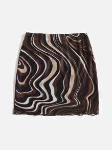 SHEIN EZwear 大碼滿版印花木耳邊網紗半身裙 - 彩色 - 查看 2