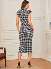 Modelyn 高領千鳥格印花墊肩下擺開叉連衣裙 - 黑與白 - 查看 2