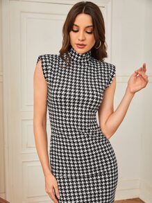 Modelyn 高領千鳥格印花墊肩下擺開叉連衣裙 - 黑與白 - 查看 3