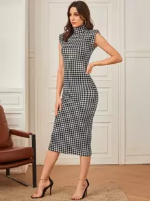 Modelyn 高領千鳥格印花墊肩下擺開叉連衣裙 - 黑與白 - 查看 4