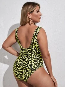 Plus Leopard Cut-Out Tie Front One Piece Swimsuit, For Summer Beach Vacation - Multicolor - View 2