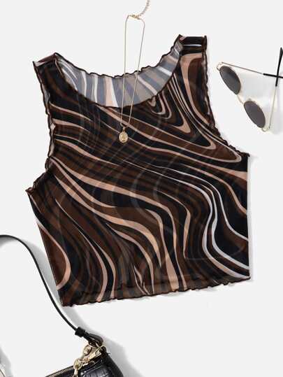 لباس علوي تانك شبكي مقلم بنمط الخس رخامي مقاس كبير