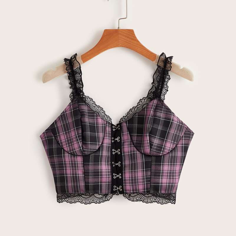

Plaid Print Contrast Lace Top, Multicolor