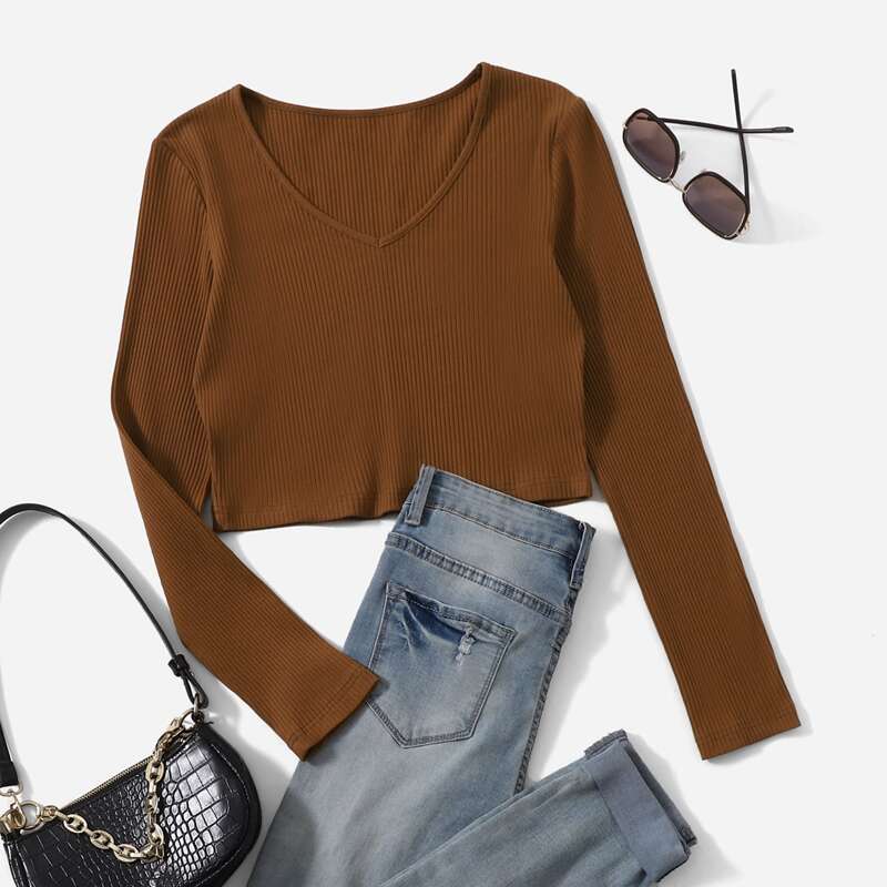 

V Neck Ribbed Knit Tee, Coffee brown