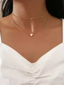 Clover Decor Layered Necklace - Yellow Gold - View 1