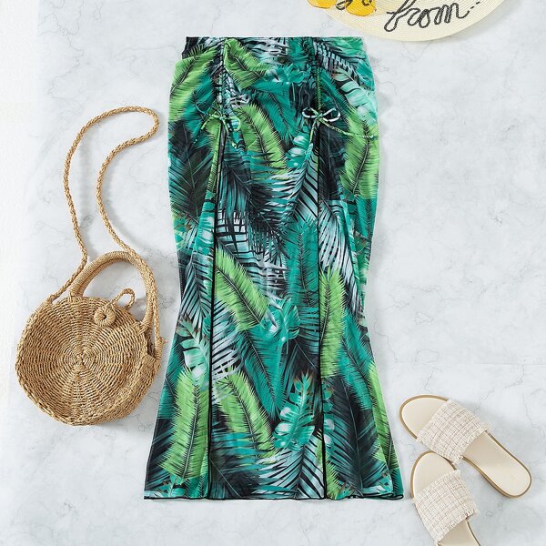 

Tropical Print Drawstring Split Thigh Cover Up, Multicolor