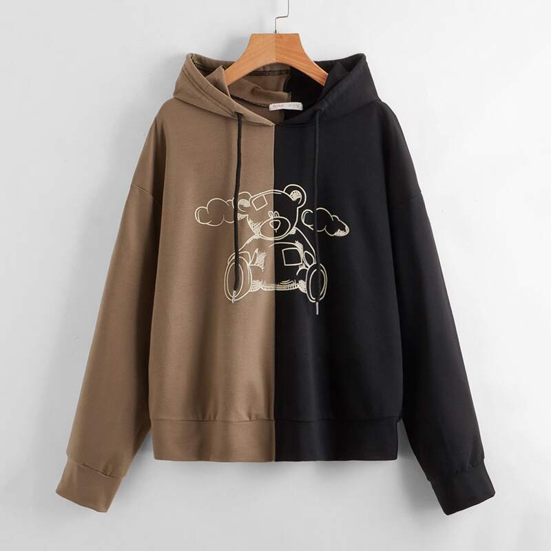 

Two Tone Cartoon Bear Graphic Drawstring Hoodie, Multicolor