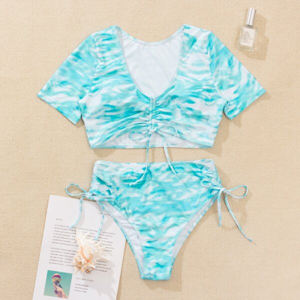 

Tie Dye Drawstring Front Bikini Swimsuit, Blue and white