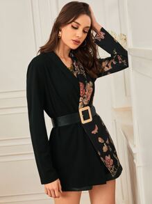 SHEIN Clasi 青果領印花不附腰帶西裝外套 - 黑色 - 查看 1
