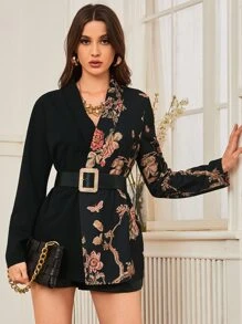 SHEIN Clasi 青果領印花不附腰帶西裝外套 - 黑色 - 查看 4
