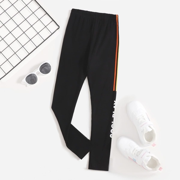 

Girls Striped Letter Graphic Leggings, Black