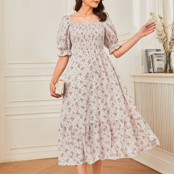 

Floral Print Shirred Bodice Flounce Sleeve Dress, Multicolor
